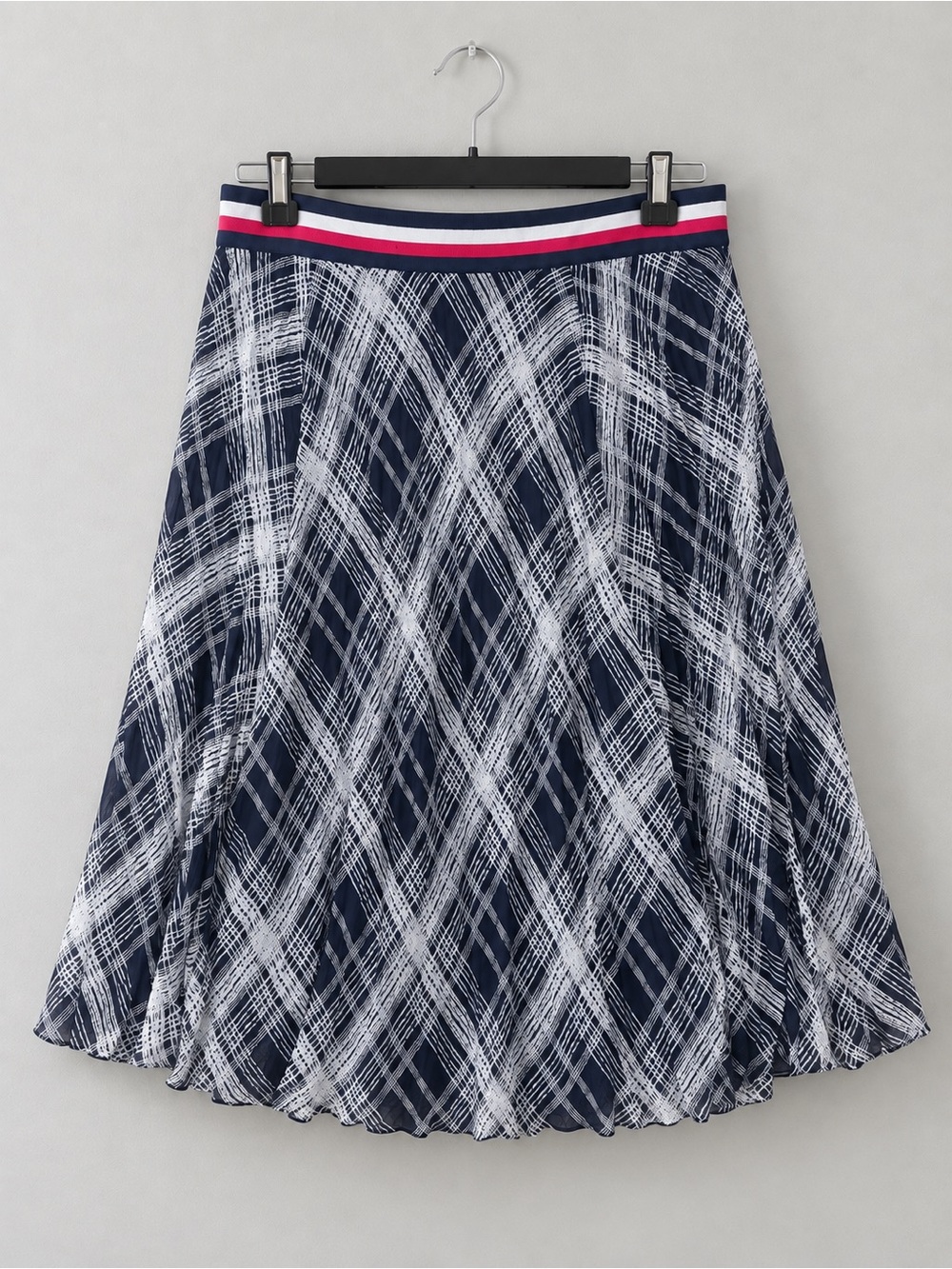 Tommy Hilfiger Navy White Plaid Pleated Circle Skirt XL Lined Elastic Waistband